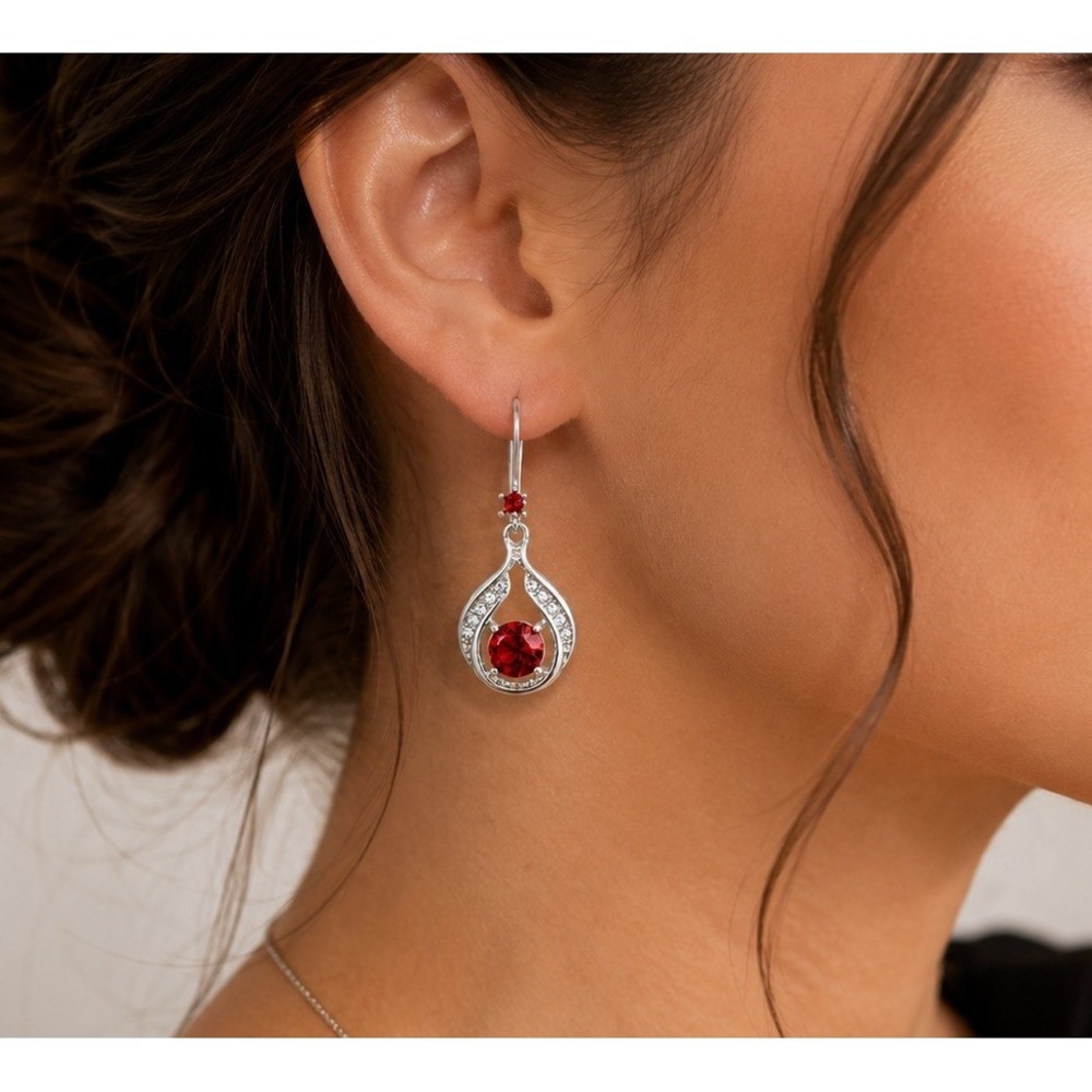 Silver Tone Red Crystal Dangle Drop Earrings Rhodium Plated NWOT 1.25"